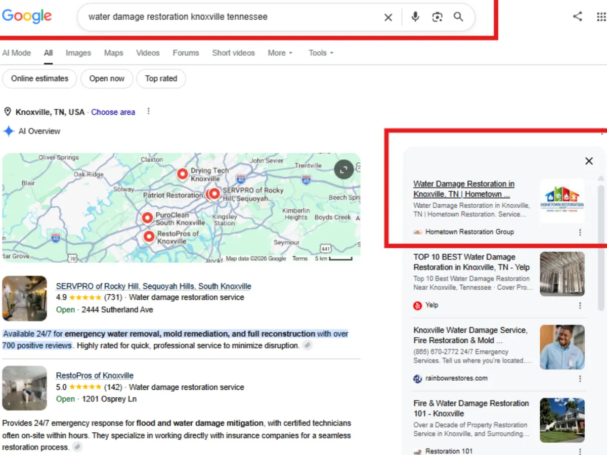 water damage restoration in Knoxville, TN ranking in local map pack