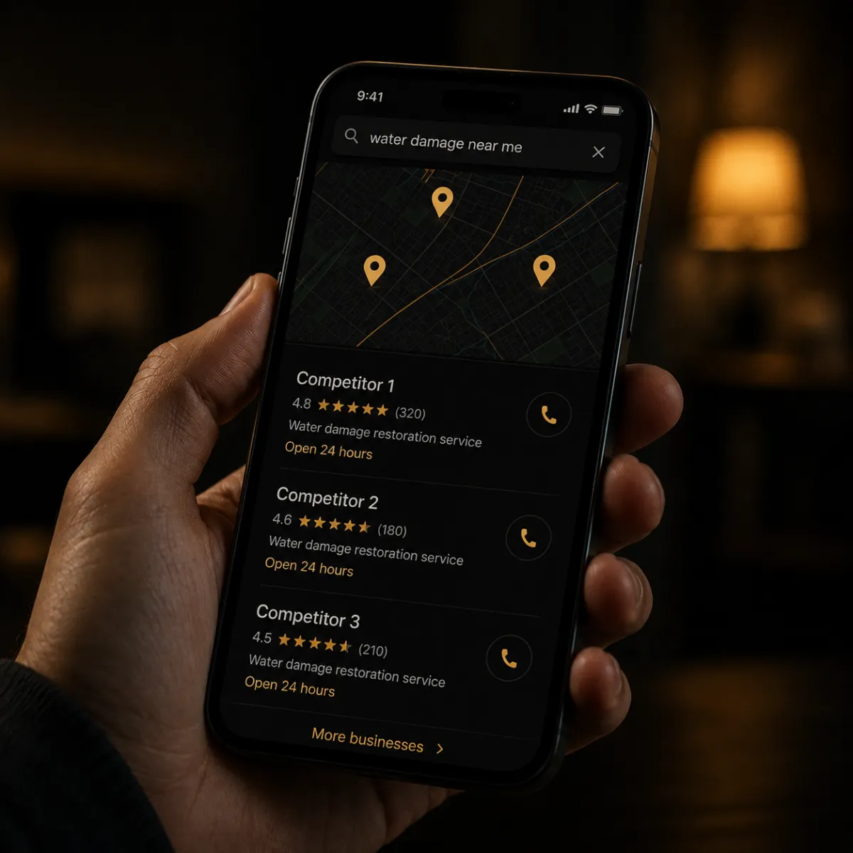 Smartphone showing Google map pack results for water damage near me with competitors ranking first