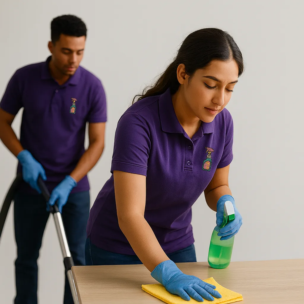 Confident Latina woman in a cleaning uniform holding a folded microfiber cloth, smiling at the camera.