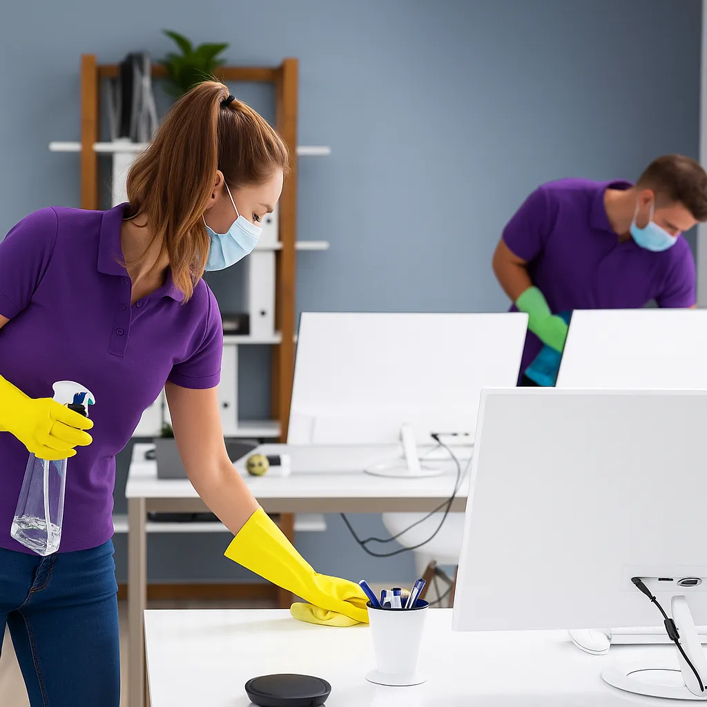 A modern, sunlit NYC apartment living room with large windows, a plush sofa, and gleaming hardwood floors, professionally cleaned and staged, with subtle reflections on surfaces. The scene is vibrant, inviting, and exudes a sense of freshness and order.