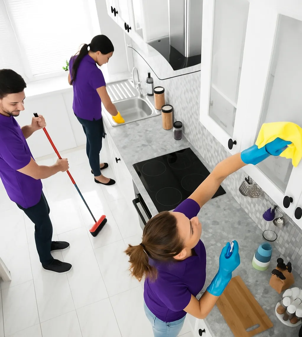 A cheerful, uniformed cleaning professional in their late 20s, vacuuming a bright, modern NYC apartment living room with large windows and minimalistic decor. The space is tidy, with sunlight streaming in, highlighting the clean surfaces.