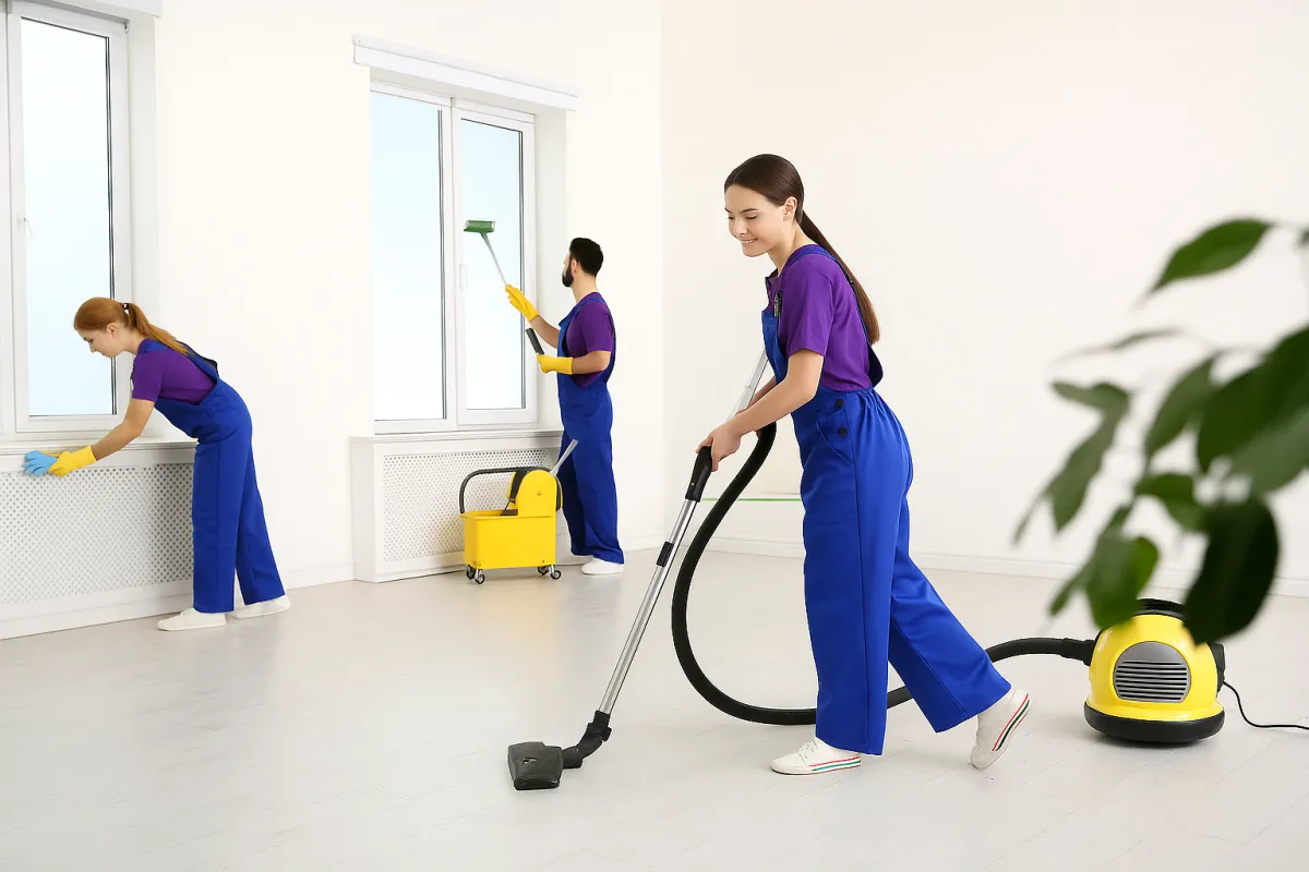 A spacious, empty NYC apartment with polished hardwood floors and freshly cleaned windows, sunlight streaming in. A cleaning professional in uniform is wiping down a door handle, ensuring the space is ready for new occupants.