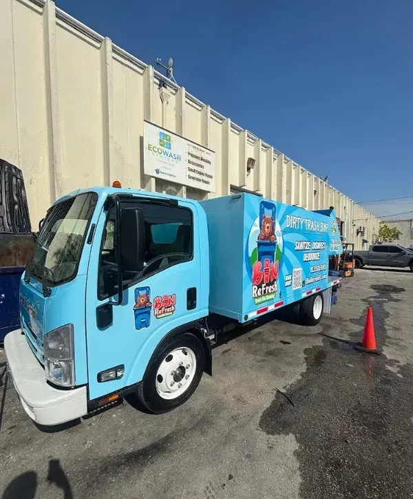 Bin Refresh trash can cleaning truck at EcoWash station ready for service