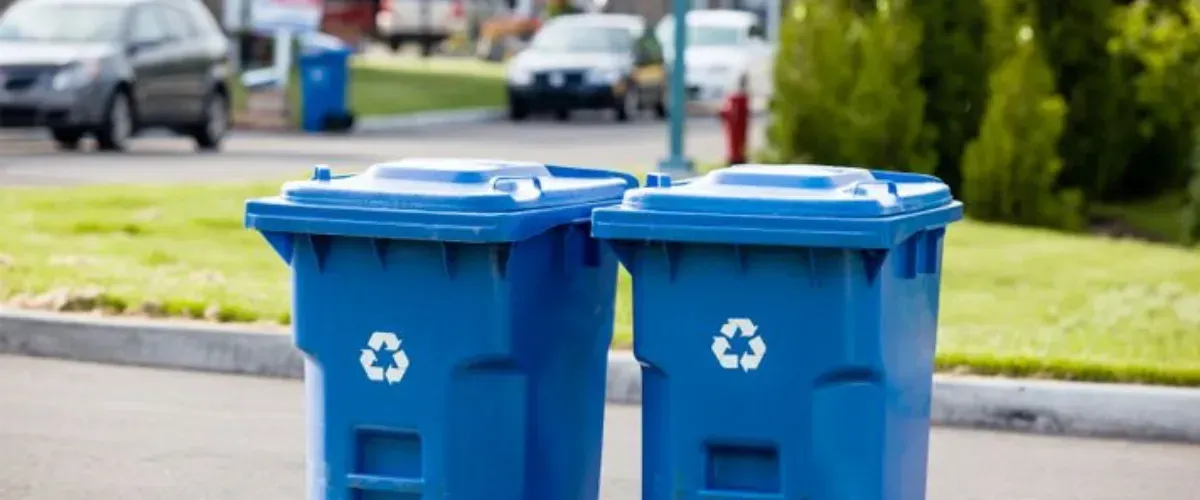 Two blue recycling bins placed curbside for waste collection in a residential neighborhood.