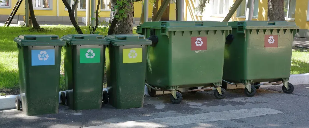 Set of green recycling bins outdoors with color-coded labels