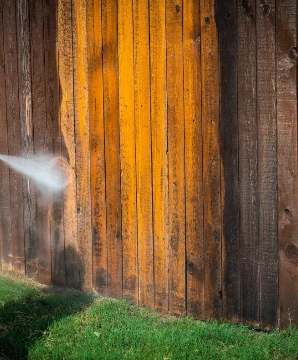 Power washing a wooden fence to remove dirt and restore its natural color. 