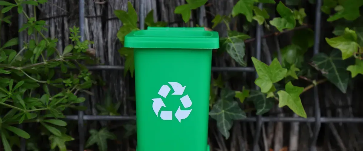 Bin Refresh tSmall green recycling bin with white recycle symbol placed against leafy garden backgroundrash can cleaning truck parked near the South Tampa waterfront with city skyline in the background