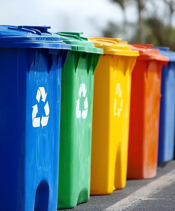 Row of blue, green, yellow, and orange recycling bins lined up outdoorsRow of blue, green, yellow, and orange recycling bins lined up outdoors