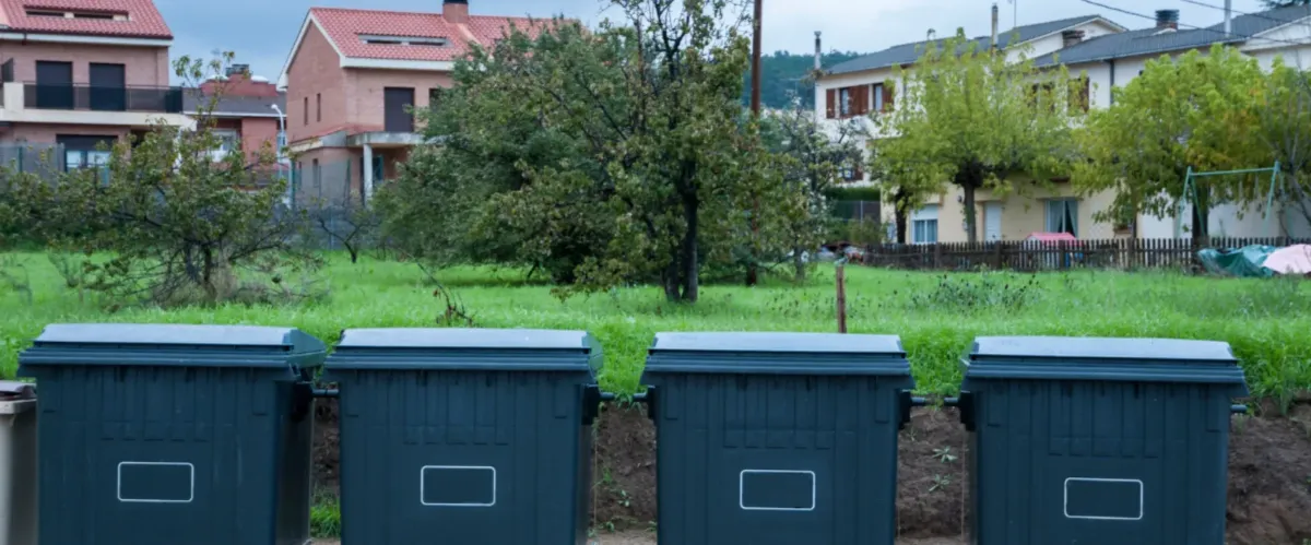 Row of residential trash bins lined up in a neighborhood