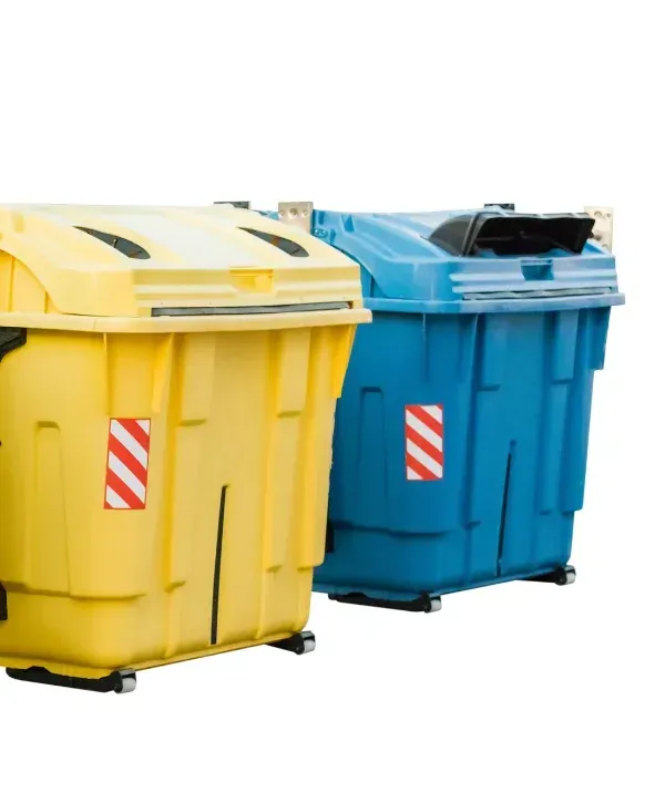 Yellow and blue recycling and trash bins on white background