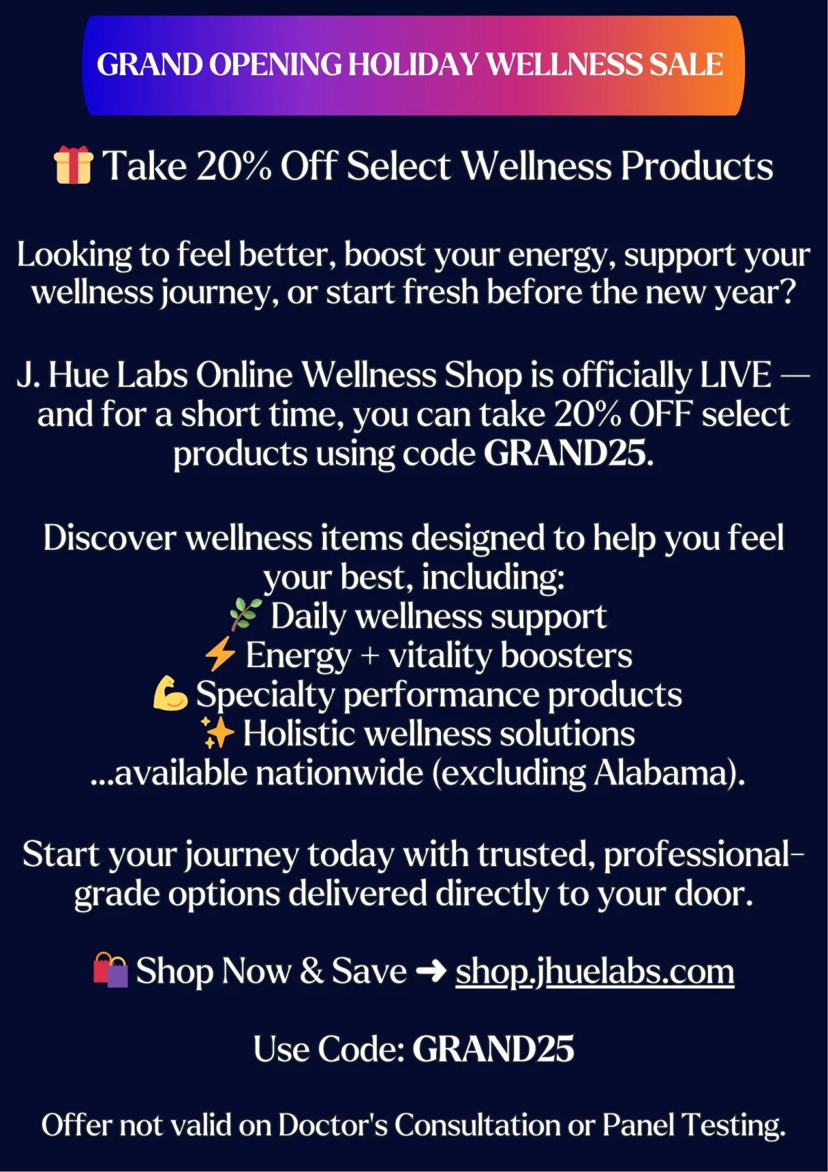 J. Hue Labs Holiday Wellness Sale 20% Off