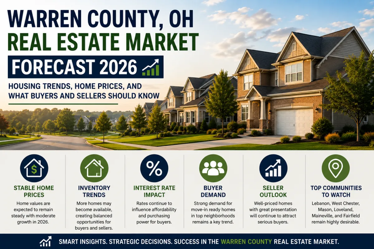 Modern suburban homes in Warren County, OH highlighting the 2026 real estate market forecast with home price trends, inventory insights, and buyer and seller guidance.