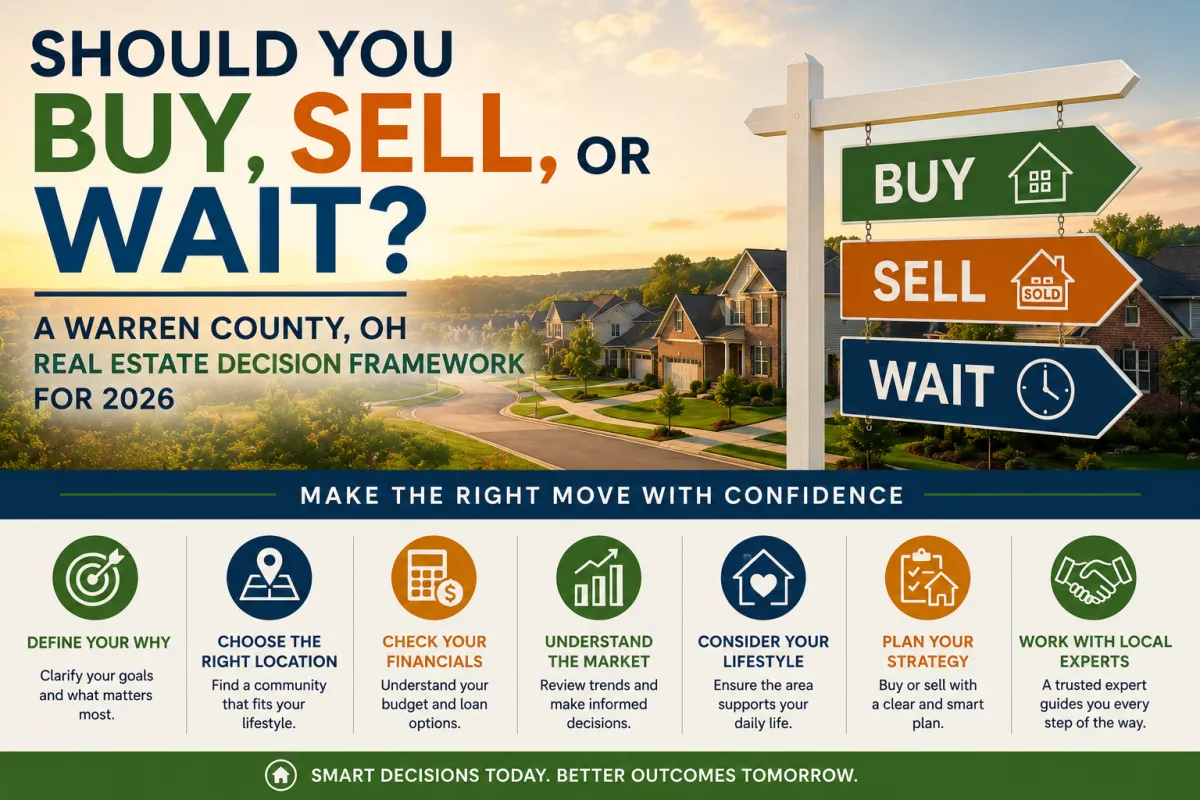 Real estate decision framework infographic for Warren County, OH home buyers and sellers planning to buy, sell, or wait in 2026