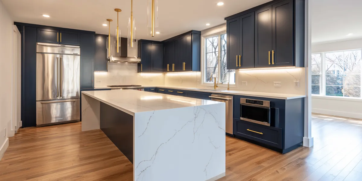 Custom kitchen remodel in South Jersey home with navy cabinetry