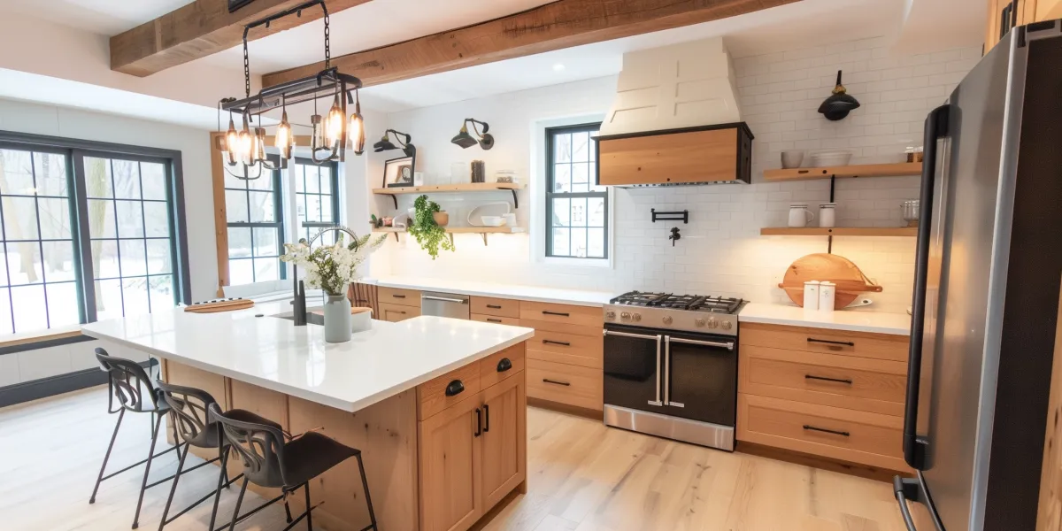 Open kitchen remodel with island and pendant lighting in a Haddonfield, NJ home