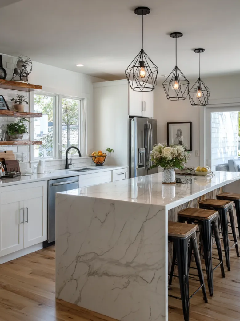 Contemporary kitchen design with marble waterfall island, black barstools, open shelving, and pendant lights