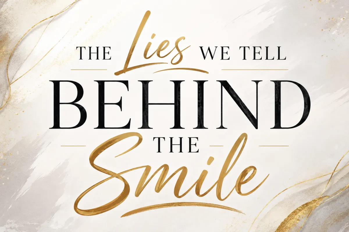 Elegant black, white, and gold blog cover image with the title “The Lies We Tell Behind the Smile” in bold typography.