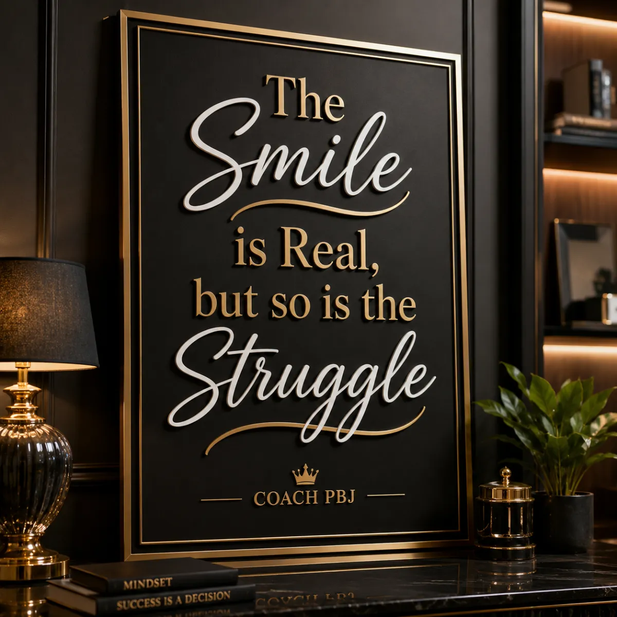Black and gold framed sign with the words “The Smile Is Real, But So Is the Struggle” in elegant typography.