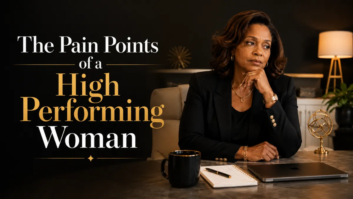 A poised high performing Black woman sitting in an elegant office, representing what she carries, what she hides, and why she is tired of making it look easy.