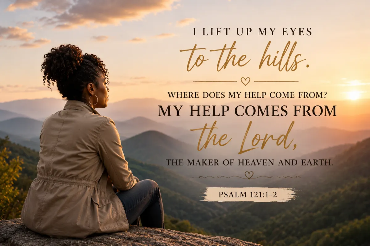 A woman sits on a mountain overlook at sunrise, gazing toward the distant hills. The image features Psalm 121:1–2: "I lift up my eyes to the hills... My help comes from the Lord, the Maker of heaven and earth," reminding viewers where true help comes from.