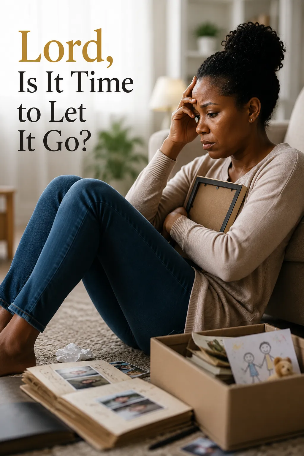 A thoughtful woman sits on the floor holding a keepsake, surrounded by memory boxes and photographs. The cover reads, "Lord, Is It Time to Let It Go?" capturing the emotional struggle of releasing what God may be asking her to surrender.
