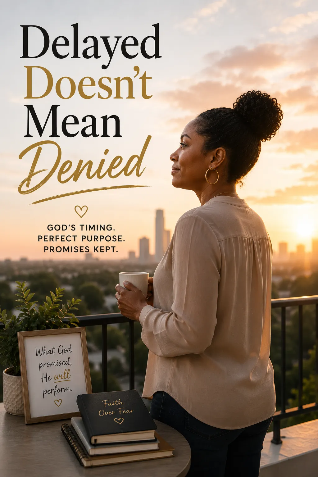A hopeful woman stands on a balcony at sunrise, smiling with quiet confidence as she looks toward the horizon. The cover reads, "Delayed Doesn't Mean Denied," reflecting faith, patience, and confidence in God's perfect timing.