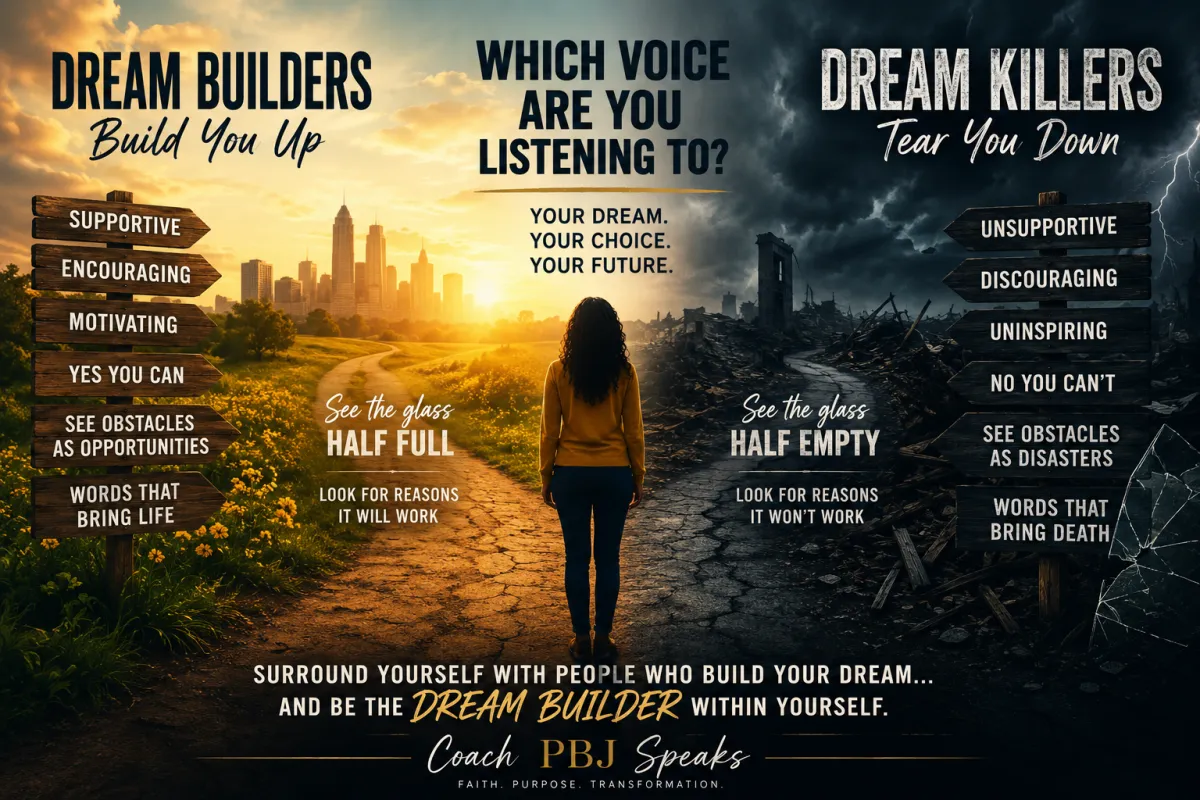 A woman stands at a crossroads between two contrasting paths, one bright and full of promise, the other dark and broken, symbolizing the choice between dream builders and dream killers. The image challenges viewers to examine the voices shaping their future.