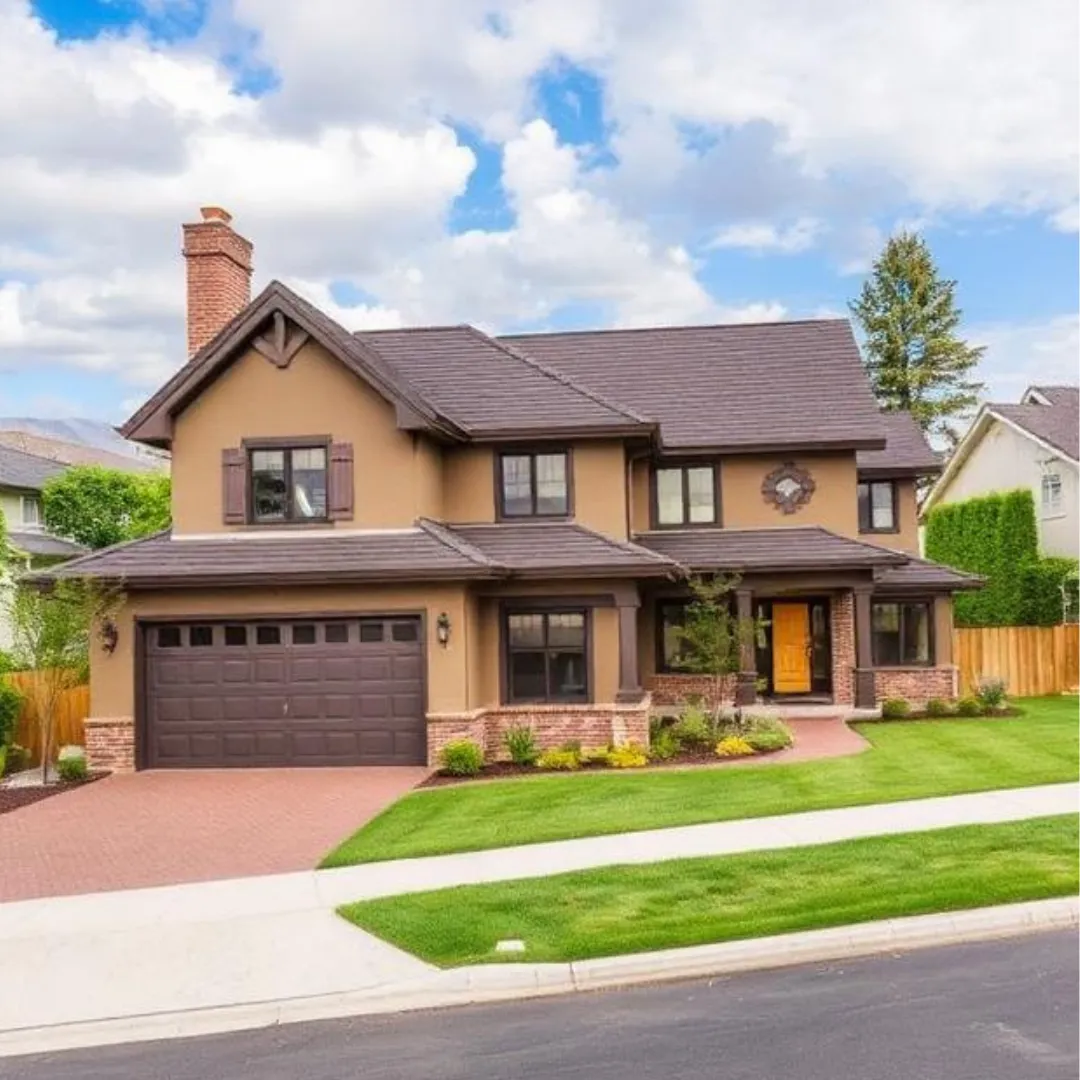 A well-maintained two-story suburban house with a tan exterior, brown roof, and attached garage. The home features large windows, a front porch with a wooden door, and a neatly landscaped yard with green grass, shrubs, and a curved driveway. The sky is partly cloudy, and neighboring houses are visible in the background.