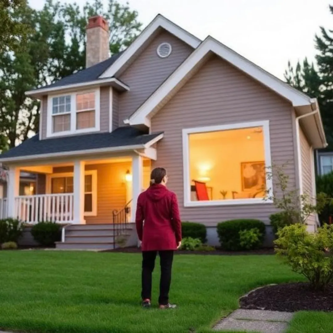 Person standing in front of a well-lit suburban house at dusk, considering selling their home for cash.