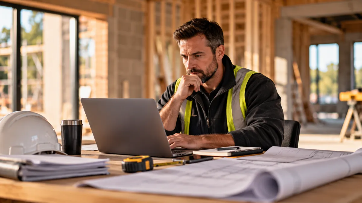 A man in a workshop sitting at a desk with a laptop, looking thoughtful and somewhat stressed.