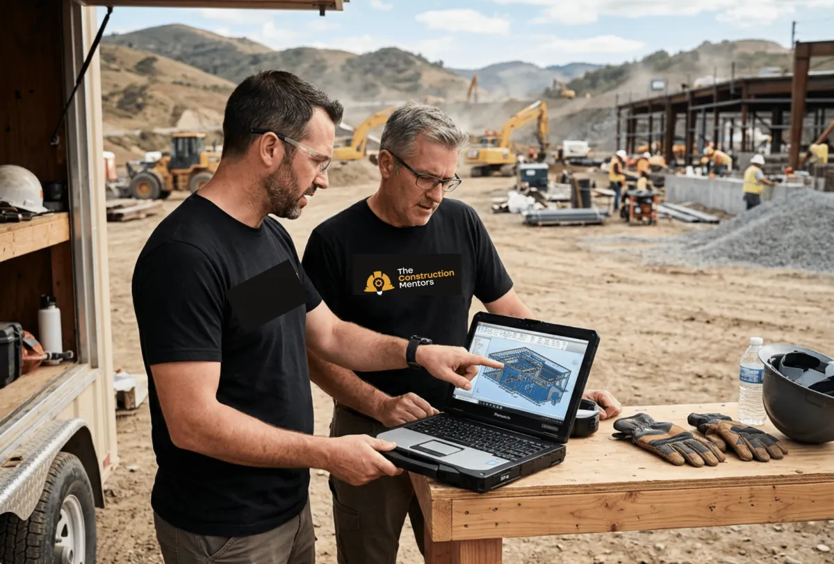 Two men wearing black shirts with 'THE CONSTRUCTION MENTORS' logo looking at a laptop computer outdoors in a rugged environment.