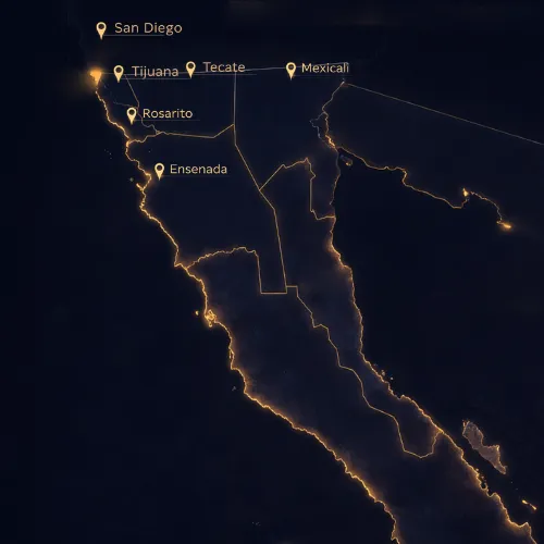 Mapa estilizado de la región Tijuana San Diego con puntos destacados de inversión inmobiliaria