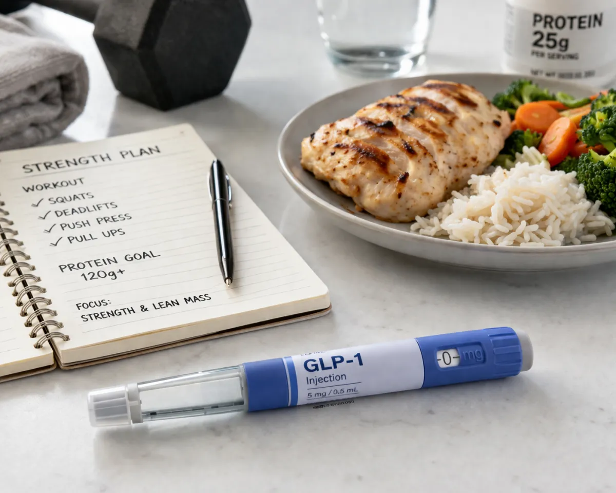 GLP-1 weight loss medication with protein meal and strength training plan