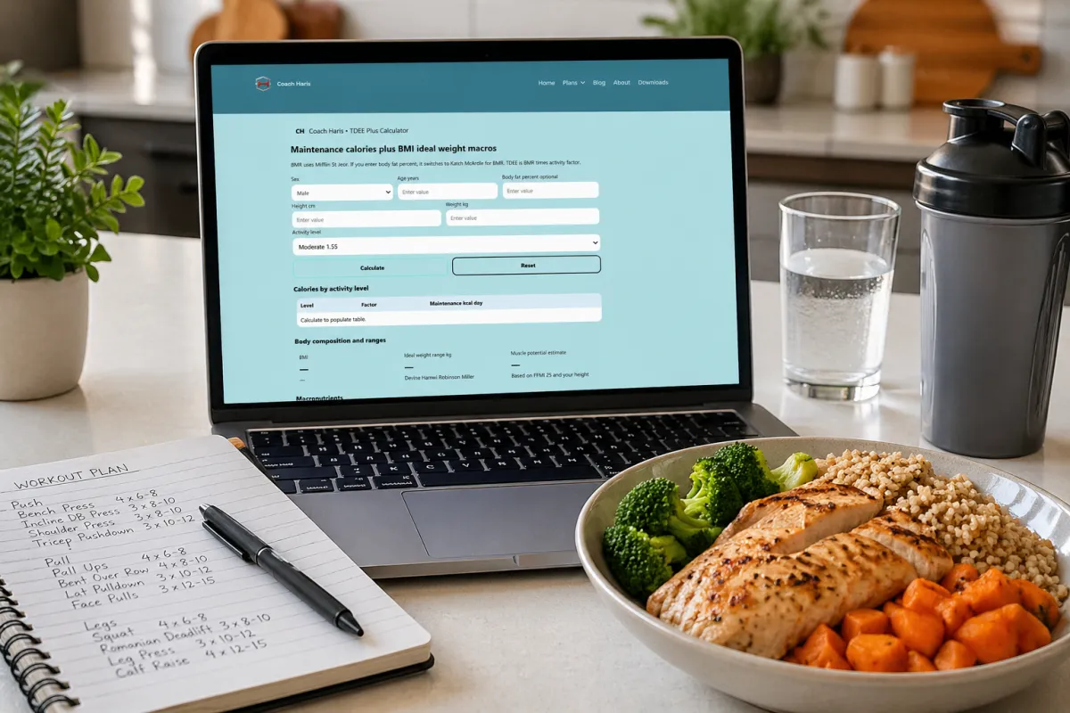 daily caloric intake and macros calculator on laptop with healthy food and workout notes