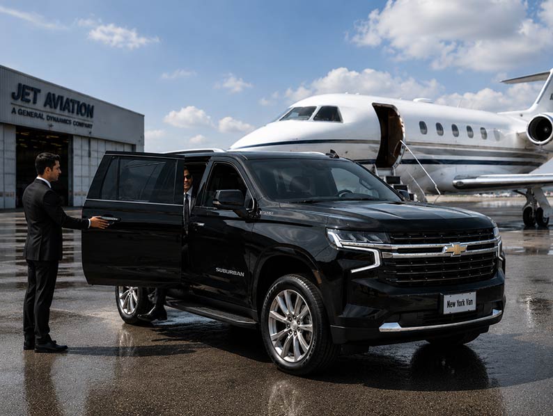 Luxury SUV at private airport dropoff