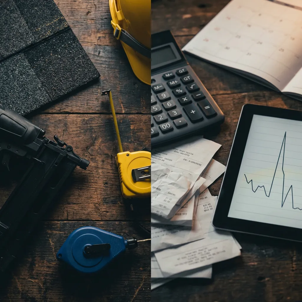Roofing contractor reviewing a tablet with a cash flow chart beside invoices and a tape measure, with a roofing crew and shingle materials working on a roof in the background.