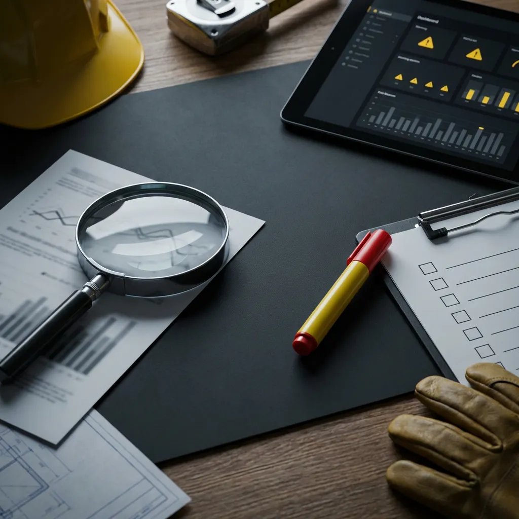 Magnifying glass over a financial report next to a checklist and a tablet dashboard with flagged areas on a dark workbench with construction tools, representing what a financial inspection reveals.