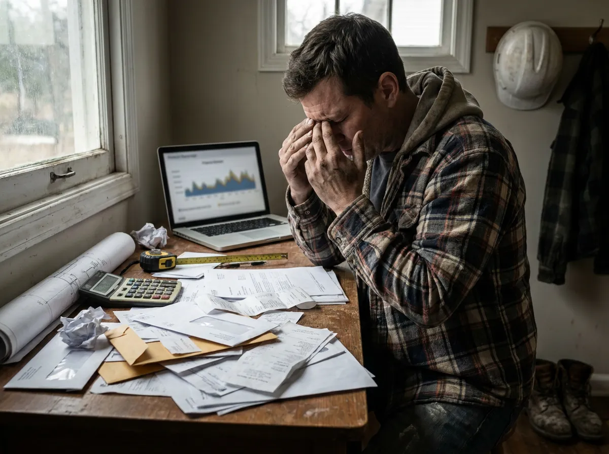Contractor at a desk reviewing financials with signs of cash flow pressure in a construction business