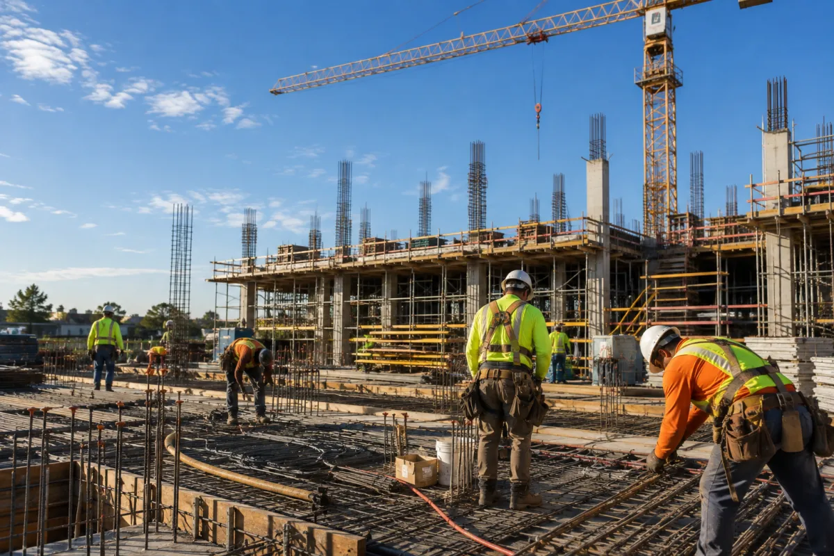 Construction crew working on a jobsite on a clear summer morning