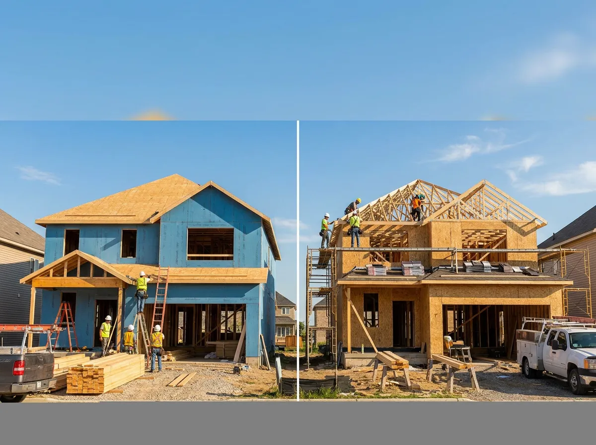 Two similar residential construction jobsites side by side on a summer afternoon
