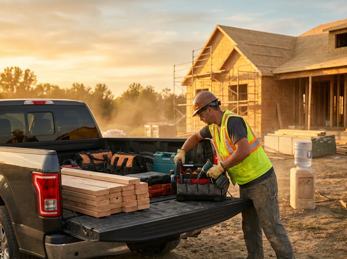 Contractor loading tools into a work truck at the end of a jobsite day