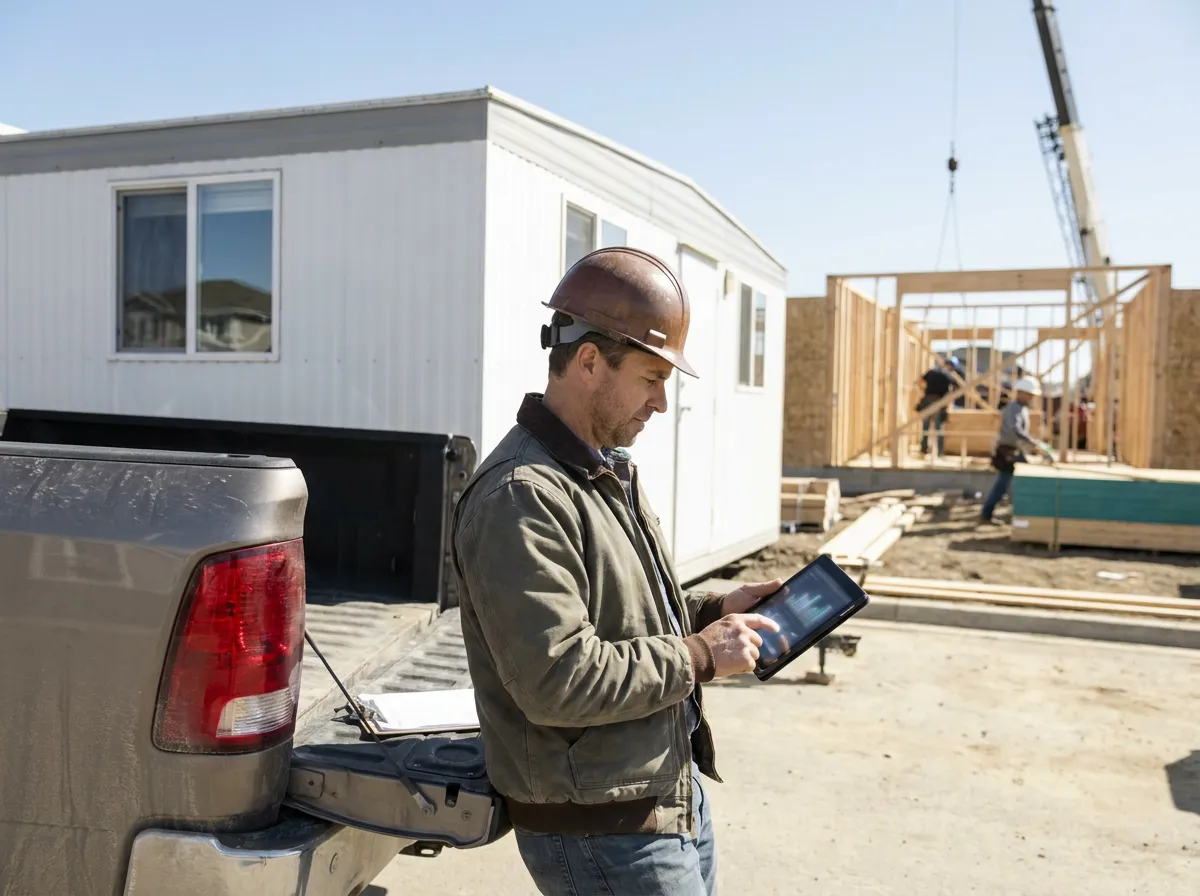 Contractor reviewing job numbers on a tablet at a jobsite trailer