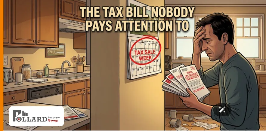 Homeowner looking at overdue tax notices with a wall calendar showing tax sale week circled in red