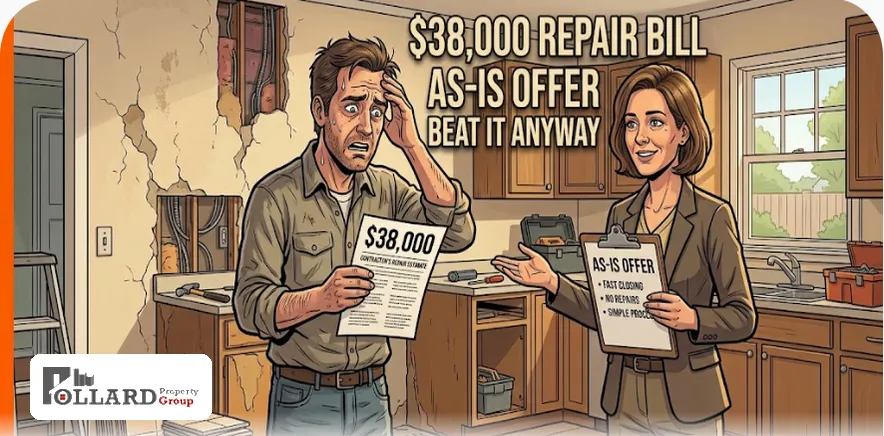 Homeowner weighing a large repair estimate against an as-is home sale offer