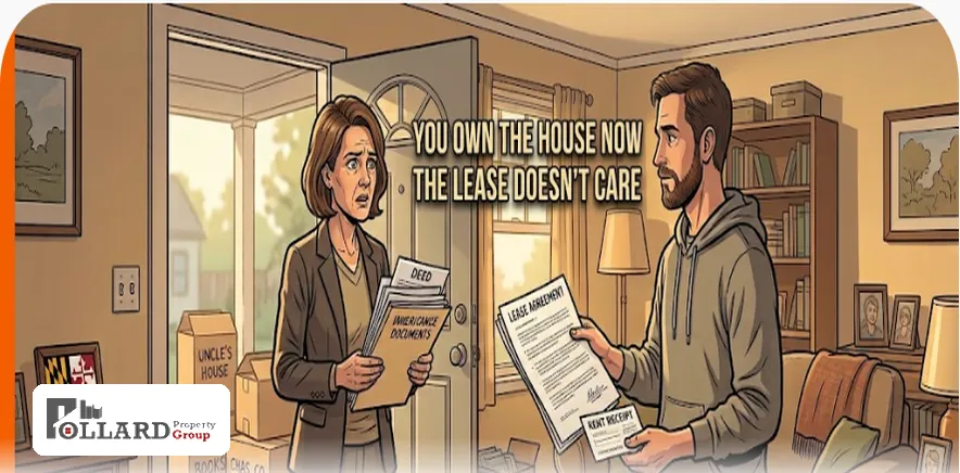 Homeowner reading overdue papers realizing the tenant's lease survives the inheritance