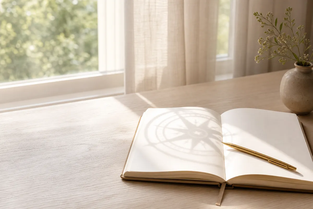 Journal with compass on table near window
