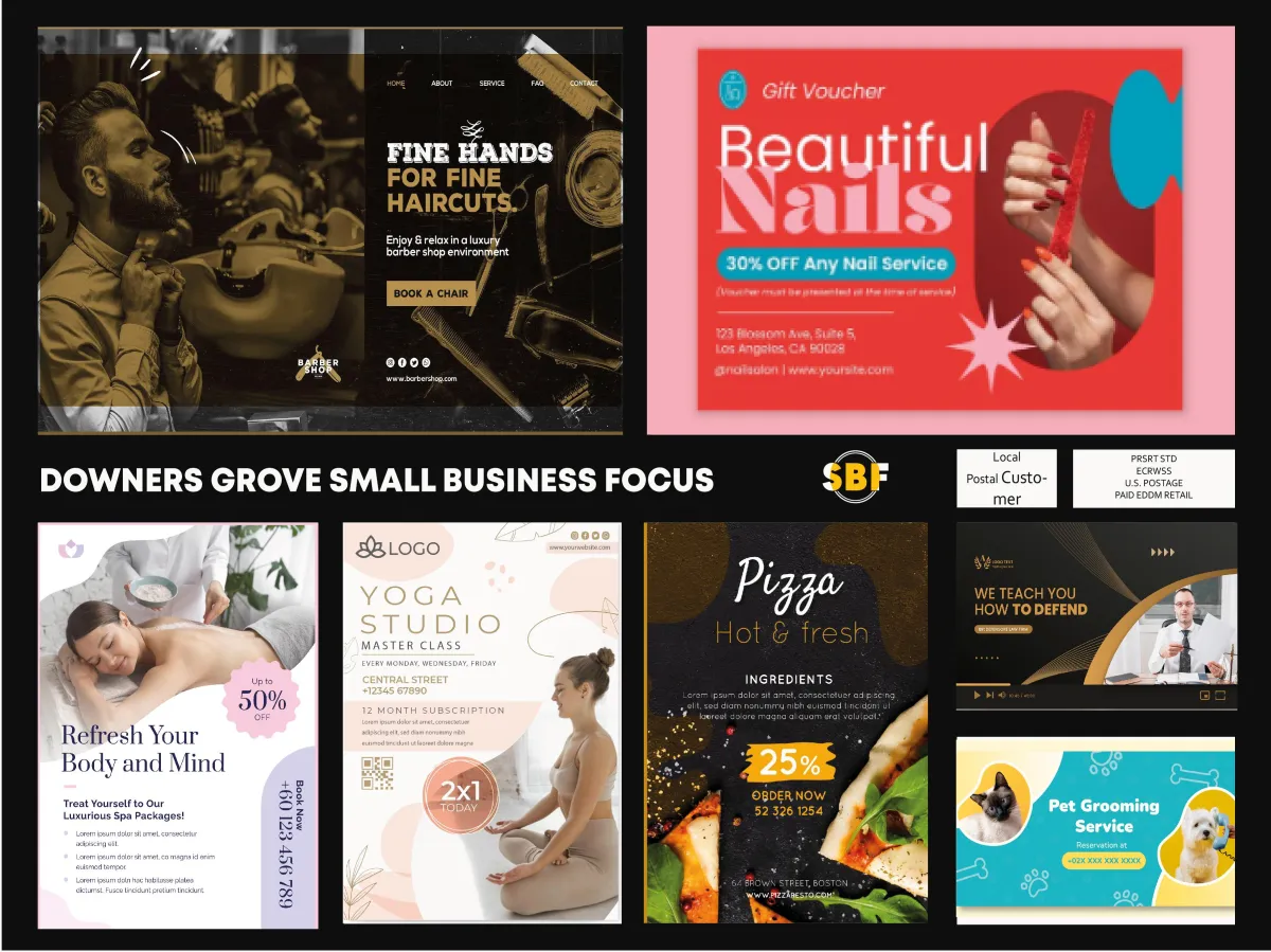 <img src="path_to_image" alt="Mockup of a 9x12 direct mail postcard featuring various local businesses in Downers Grove, promoting cost-effective marketing solutions for small businesses." />