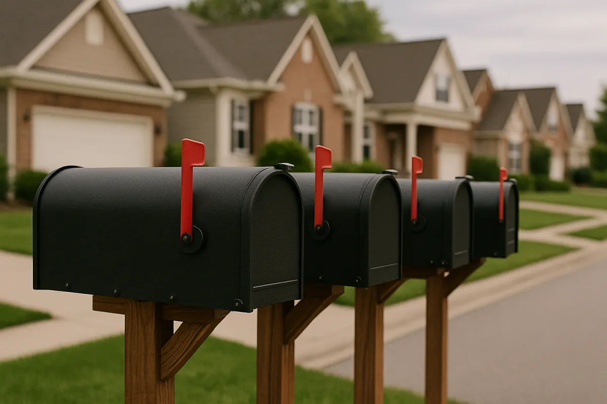 Close-up of a black mailbox with a raised red flag, partially open to reveal a direct mail flyer featuring local service ads for plumbing, electrical, and tree care services. A white envelope and brown envelope are stacked in front, partially obscuring the flyer, with a blurred suburban background and green lawn.