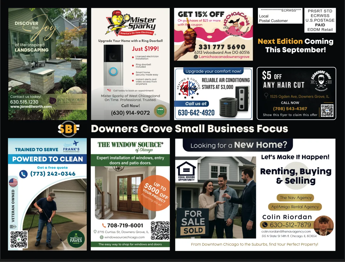 <img src="path_to_image" alt="Mockup of a 9x12 direct mail postcard featuring various local businesses in Downers Grove, promoting cost-effective marketing solutions for small businesses." />