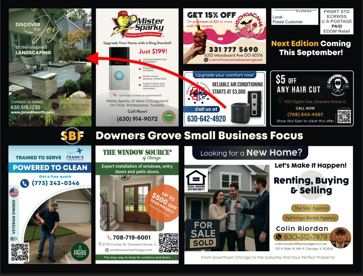 Close-up of a black mailbox with a raised red flag, partially open to reveal a direct mail flyer featuring local service ads for plumbing, electrical, and tree care services. A white envelope and brown envelope are stacked in front, partially obscuring the flyer, with a blurred suburban background and green lawn.